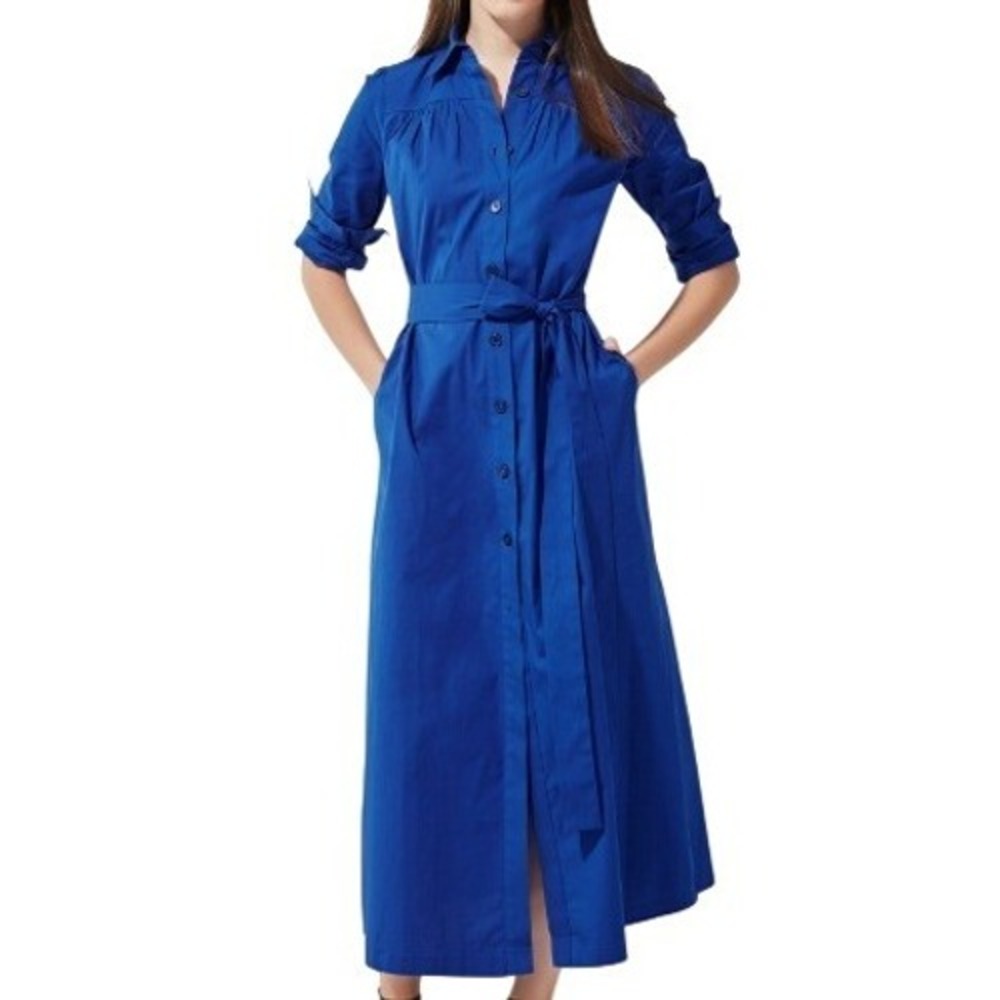 Eshakti Cotton Poplin Sash-Tie Maxi Shirtdress Blue 16 Modest Occasion Preppy